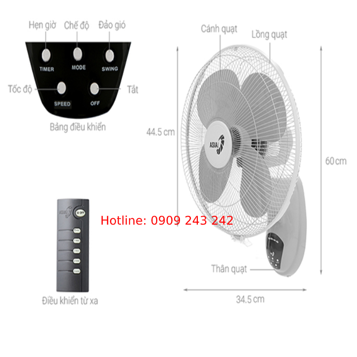 Quạt treo tường remote Asia L16022