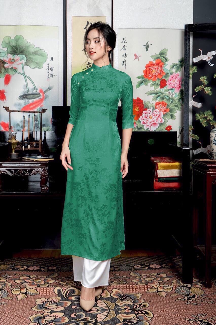 [HCM]Áo dài truyền thống gấm Thái Tuấn xanh lá sản phẩm tốt chất lượng cao cam kết hàng nhận được như hình và mô tả