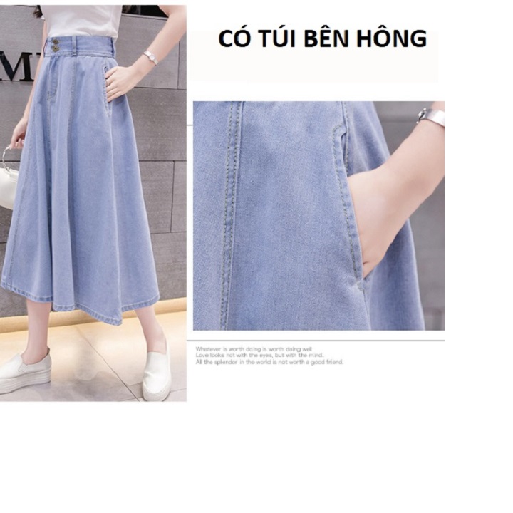 Chân váy jean xòe dài 2 nút C011