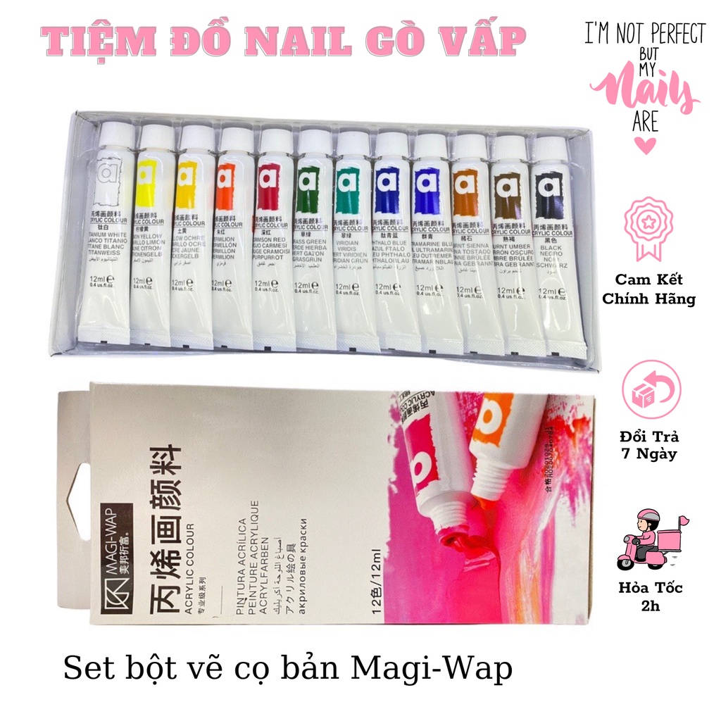 Set Bột Vẽ Cọ Bản Nail 3D 12 Màu MAGI-WAP