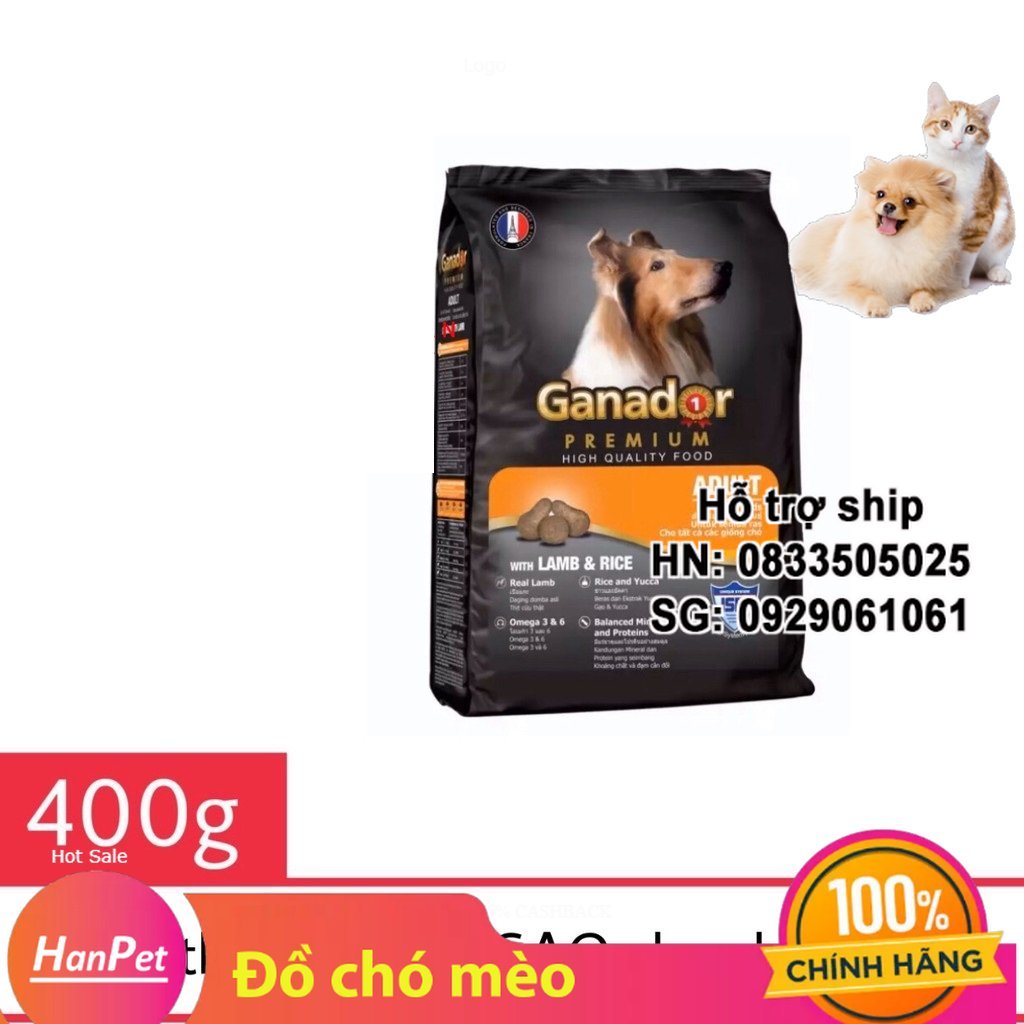 Hanpet - (COMBO 5 GÓI) Thức ăn Ganador Adult 400g Thức ăn vị thịt Cừu và Gạo cho chó trưởng thành -