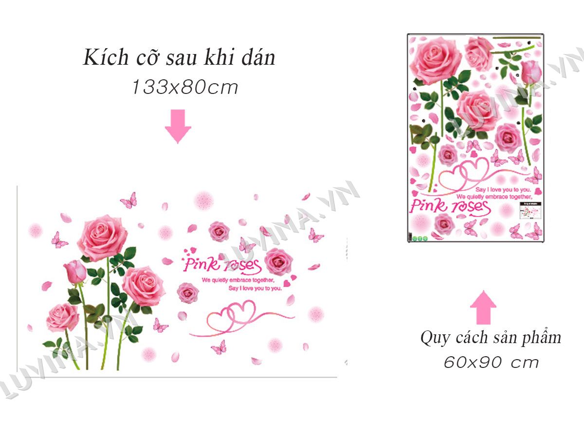 DECAL DÁN TƯỜNG HOA HỒNG PHẤN VÀ CẶP ĐÔI