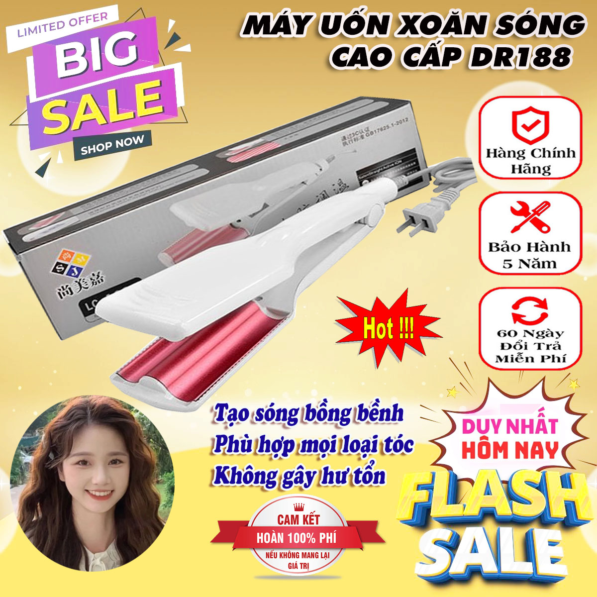 Máy Uốn Tóc Xoăn Sóng Nước 2 Trục size 25 mm công nghệ gốm sứ cao cấp, ion âm bảo vệ tóc, máy dập xù uốn xoăn hippi hàng quốc tạo kiểu tóc siêu đẹp, bán kèm kẹp tóc mini