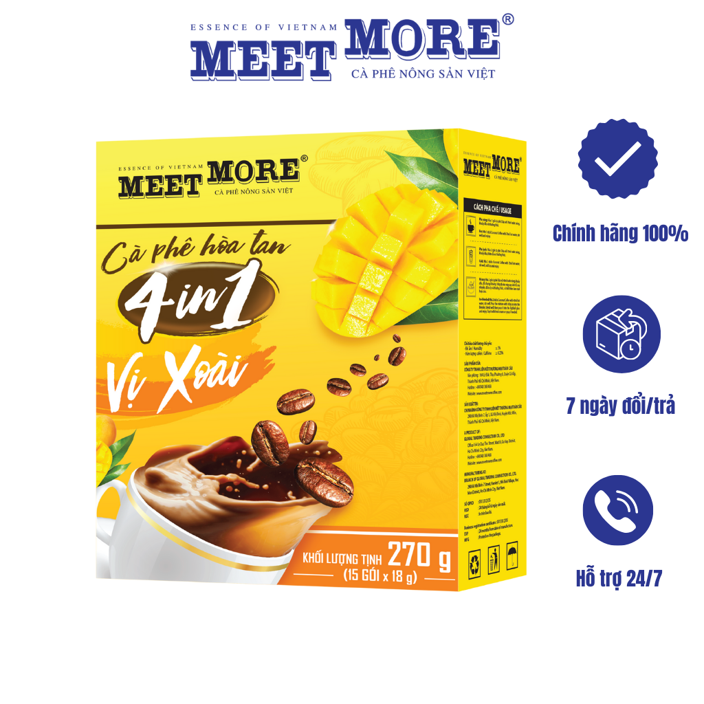 Hộp Cà Phê Hòa Tan 4in1 Vị Xoài Meet More (15 Gói/ 18 Gram) - Cà phê nông sản Việt