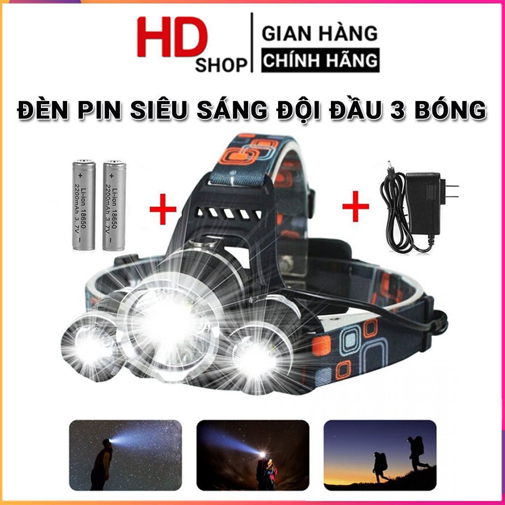 Đèn pin siêu sáng, Đèn pin led đội đầu 3 bóng led loại pin sạc mẫu mới 2022,Đèn bin đội đầu Đèn Đeo Đầu Led Siêu Sáng Đèn Soi 3 Bóng -Tặng Kèm 2 Pin