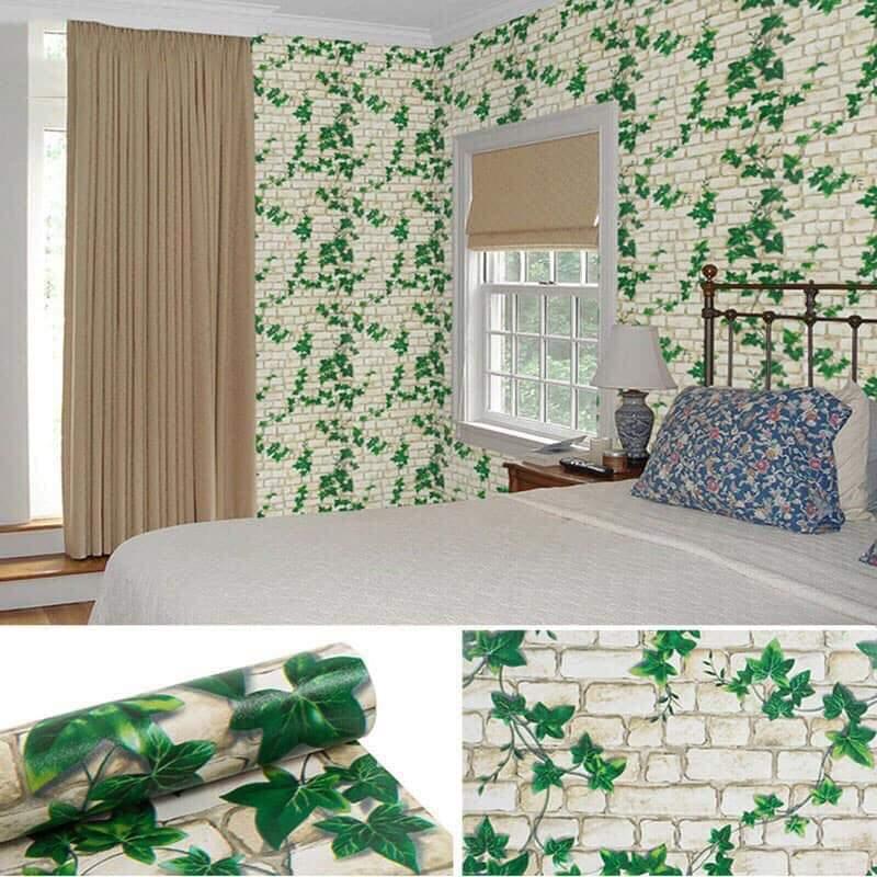 5M decal giấy dán tường giả gạch trắng dây leo Xanh khổ 45cm keo sẵn