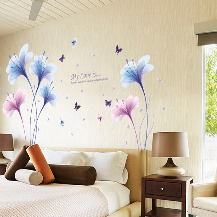 Decal dán tường Hoa cánh mỏng xanh