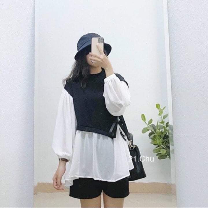 Áo babydoll cột nơ phối trắng đen