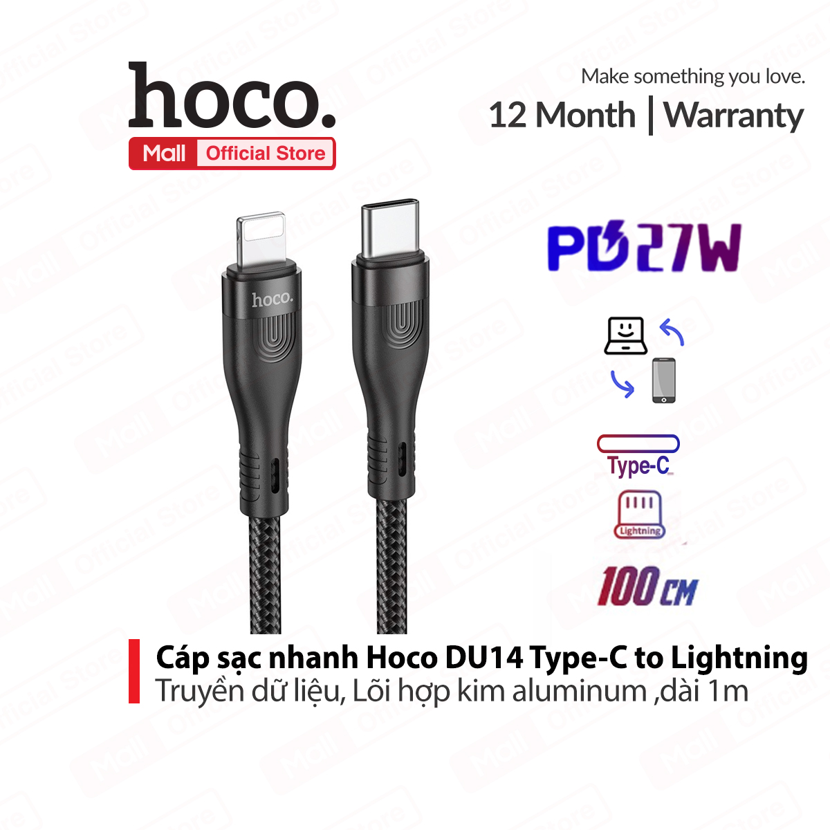 Cáp sạc nhanh hoco du14 pd27w type-c dùng cho ip10/11/12 truyền dữ liệu ,lõi hợp kim aluminum,dài 1m