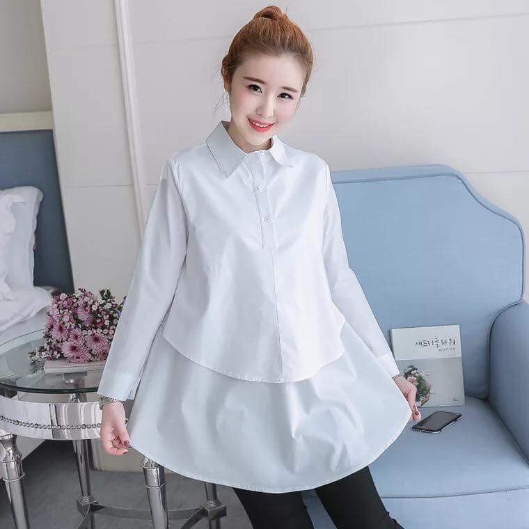 Áo bầu sơ mi dài tay xinh xắn xếp tầng cho mẹ bầu đi làm,đi chơi