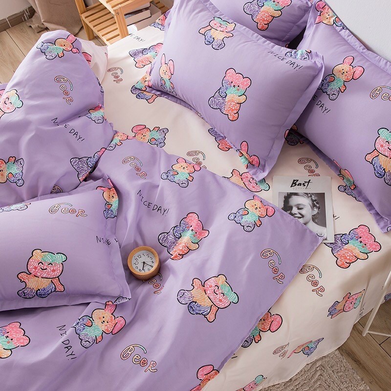 Bộ Chăn Ga Gối Poly Cotton Gấu Tím