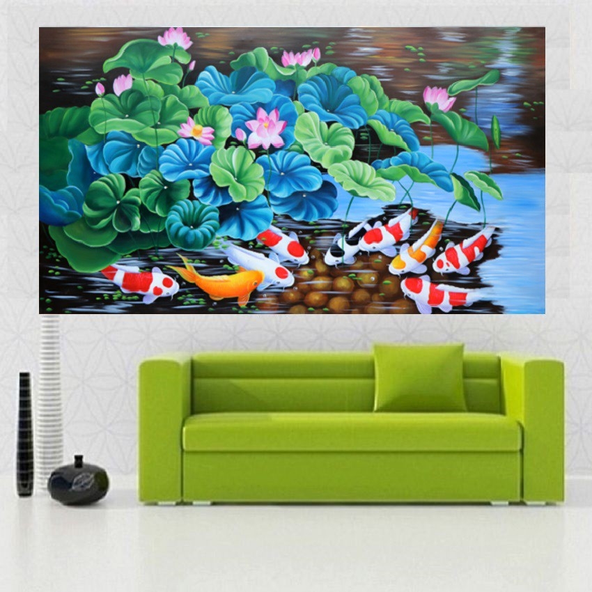Tranh đính đá Cửu ngư quần hội 120x65cm