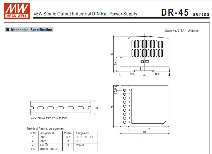 Bộ nguồn 24V 2A Meanwell (Model: DR-4524 chính hãng, hàng tháo máy))