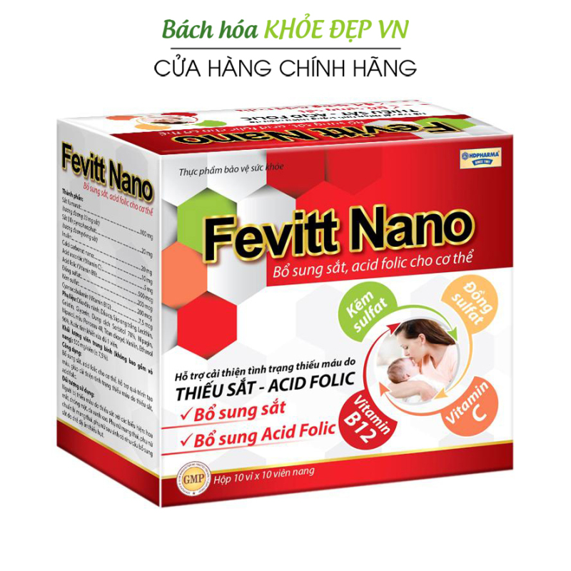 Viên uống bổ máu Fevitt Nano bổ sung Sắt, Acid Folic cho người thiếu máu - Hộp 100 viên dùng 100 ngày