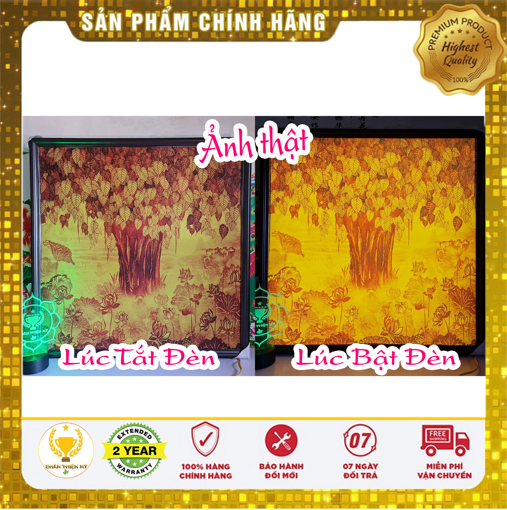 Tranh In Trúc Chỉ Vuông Phong Thủy CHÂN THIỆN MỸ, Đèn Trang Trí Phòng Thờ, Bàn Thờ TC-TV-94
