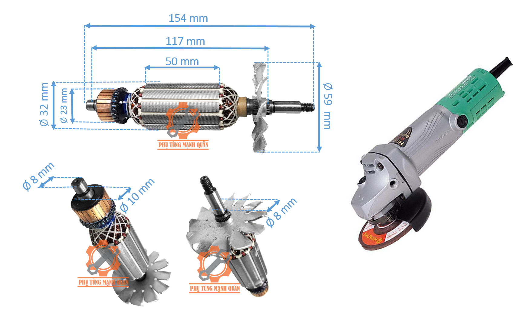 Rotor/ruột máy mài Hitachi thân 32 tặng kèm chổi than 21 cao cấp