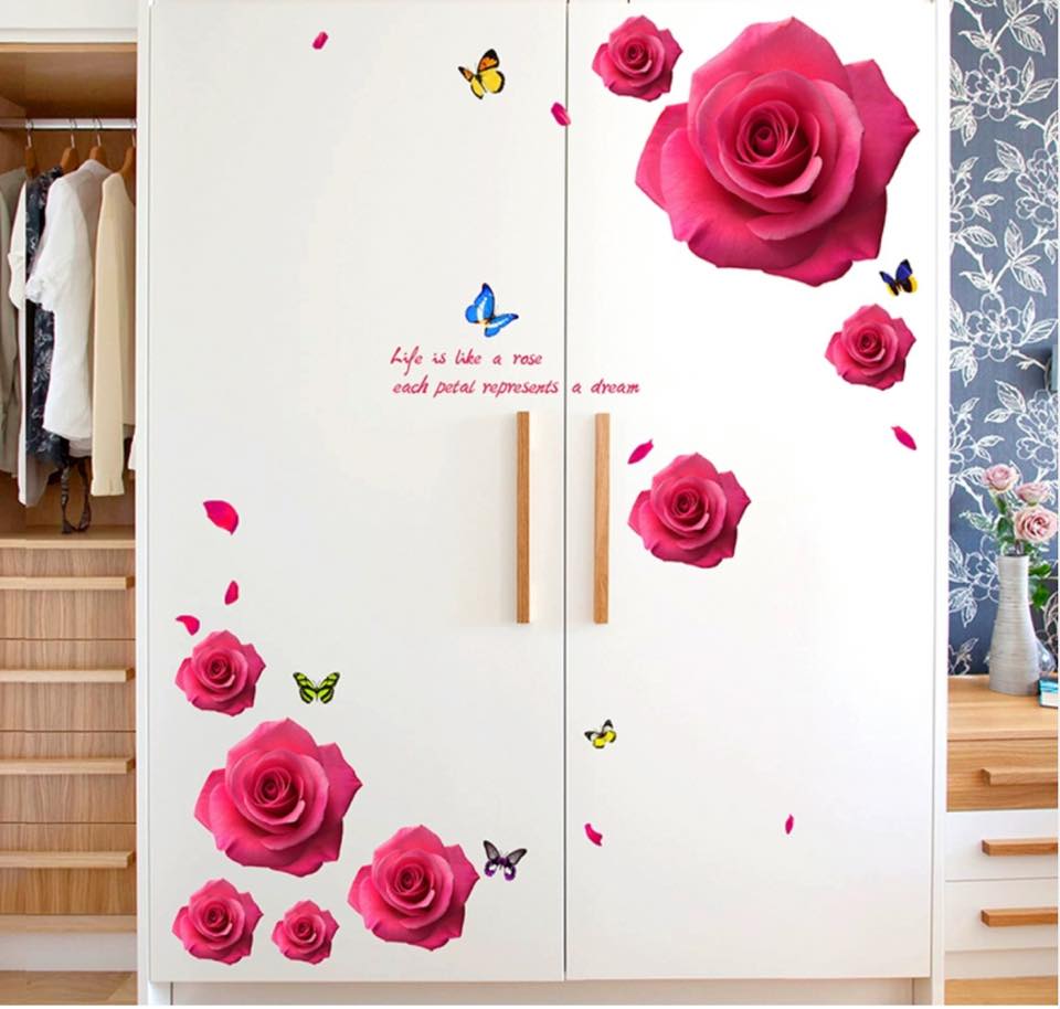 DECAL DÁN TƯỜNG HOA HỒNG ĐỎ 3D