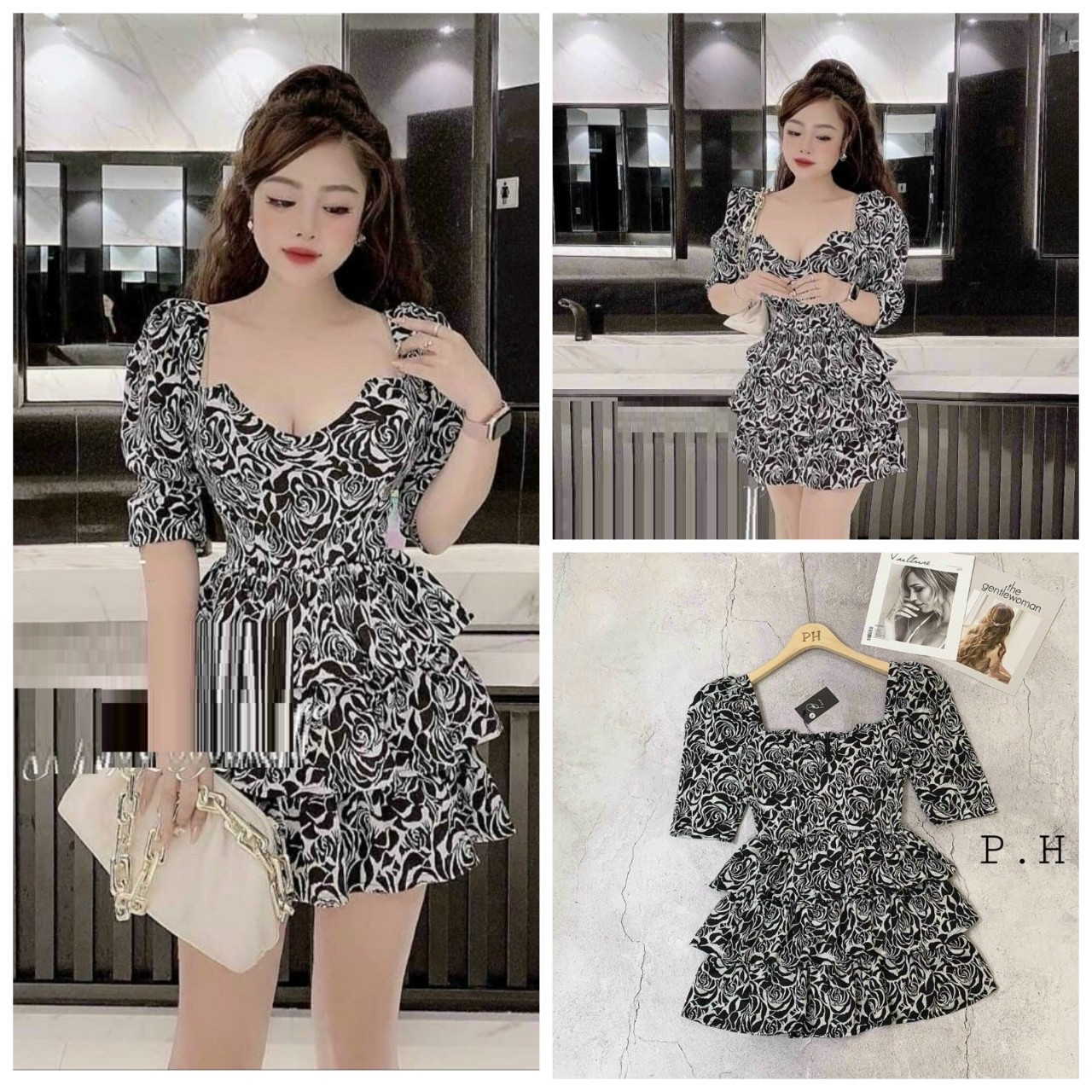 Đầm xòe cổ v họa tiết trắng đen sang trọng beyeu1688 - by7025a