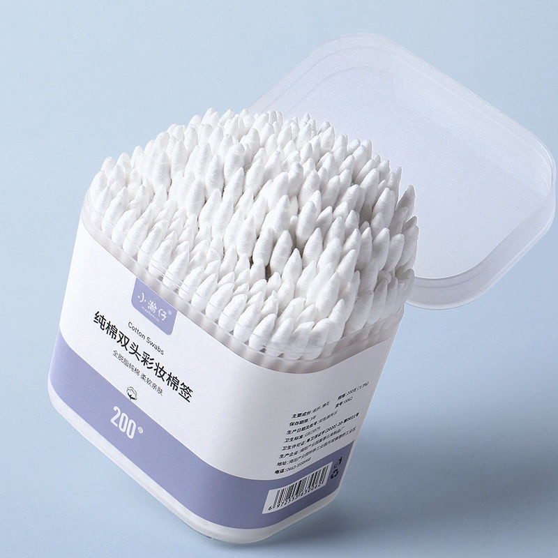 Hộp 500 Tăm bông thân gỗ 2 Đầu Người Lớn 2 Đầu Tròn Và Dẹp Kháng Khuẩn Được Làm Từ Bông Tự Nhiên / Hộp bông tăm 500 que ngoáy tai 2 đầu an toàn khi sự dụng