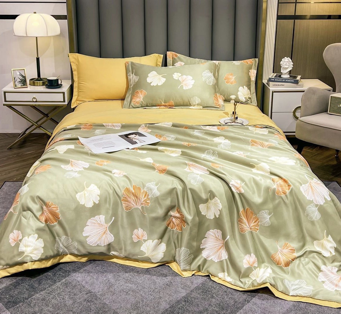 Bộ drap LỤA THÁI HÌNH HOA cao cấp 5 món CÓ MỀN CHẦN
