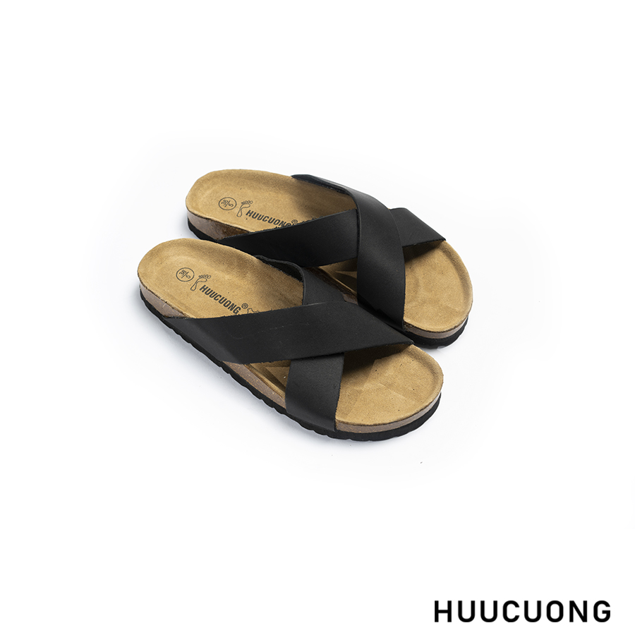 Dép unisex quai chéo da bò đen đế trấu