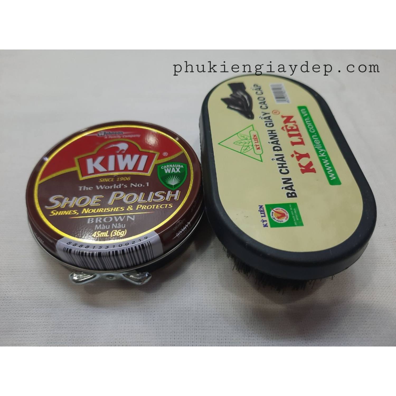 Xi đánh giày kiwi đen - nâu và bàn chải đánh giày