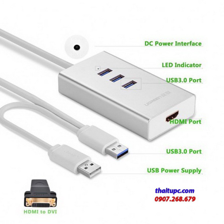 Cáp USB 3.0 to HDMI và 3 cổng USB 3.0 Ugreen 40257