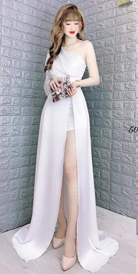 [HCM]Đầm Xòe Dự Tiệc Lệch Vai Xẻ Đùi
