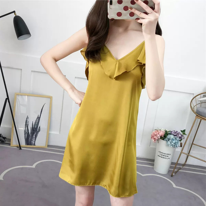 [HCM]Váy ngủ lụa sexy cổ V đắp bèo đầm ngủ lụa satin cao cấp (hồng nude) BT139