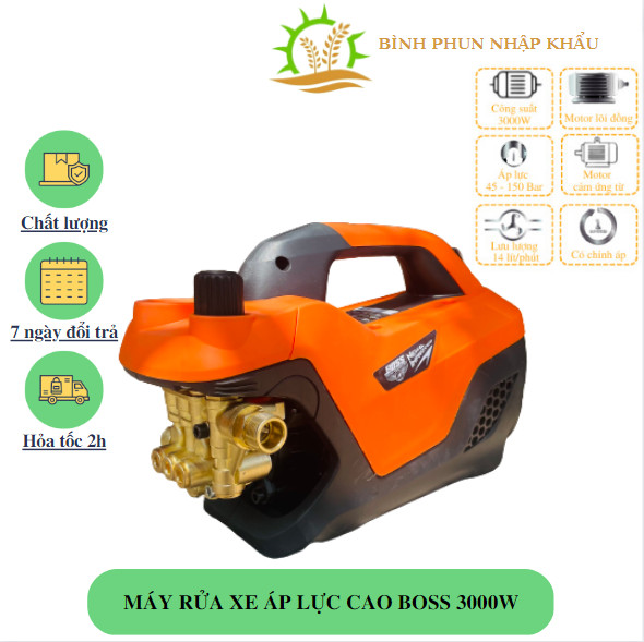 Máy rửa xe áp lực cao BOSS có chỉnh áp công suất 3000W dùng xịt rửa xe, vệ sinh máy lạnh | Bảo hành 12T | Máy rửa xe gia đình mini