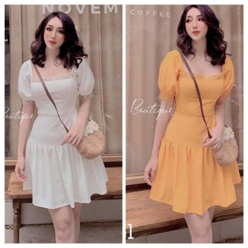 ĐẦM XÒE CỔ VUÔNG PHỐI REN MÀU TRẮNG VÀNG VÁY ĐẦM DẠ HỘI DỰ TIỆC CÔNG SỞ DẠO PHỐ