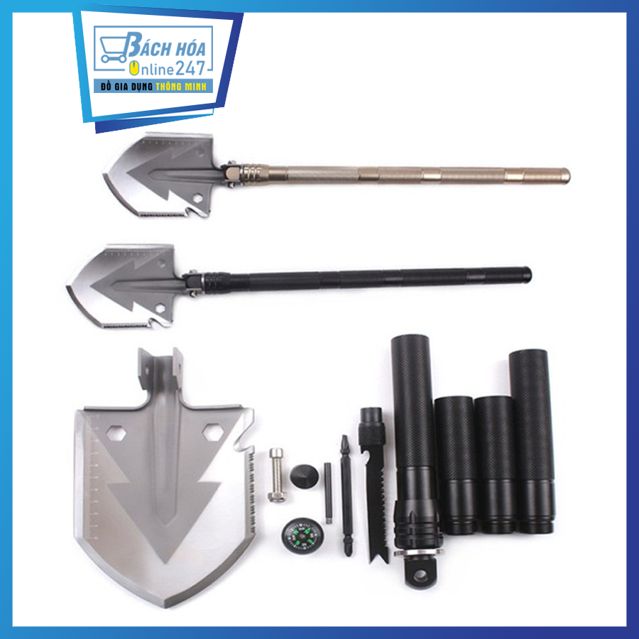 Xẻng quân dụng đa năng 12 trong 1 Mỹ cao cấp tạo lửa, bật bia, phay gỗ, la bàn, cắt dây, xoay vít, đập kính xe hơi thoát hiểm...