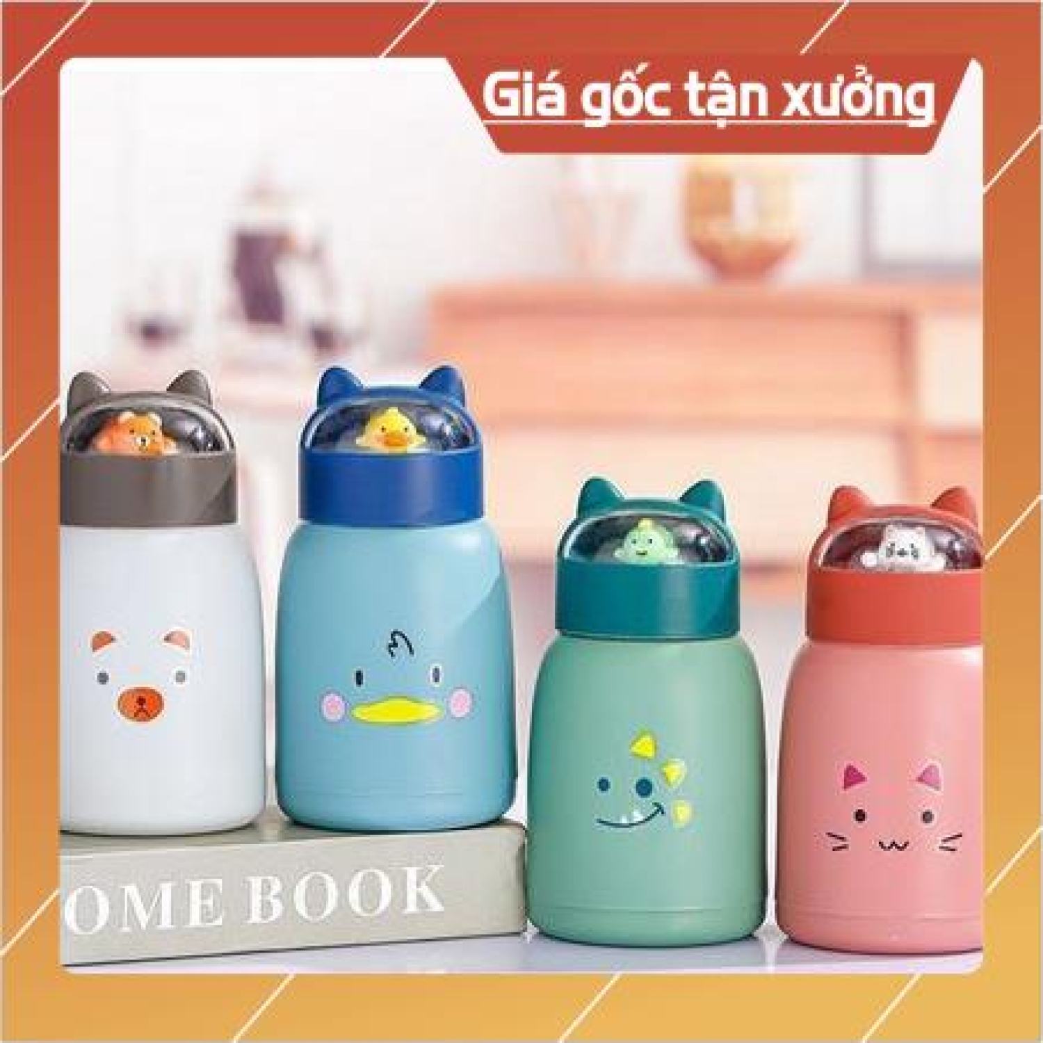 Bình nước giữ nhiệt tai mèo 360ml nắp thú dễ thương lõi thủy tinh bọc nhựa cách nhiệt