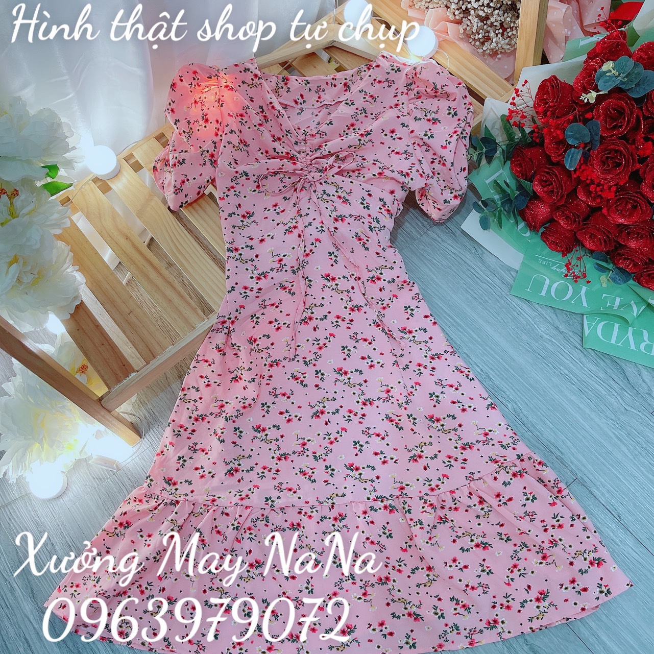 Đầm hoa nhí dây rút ngực (hình thật +video)