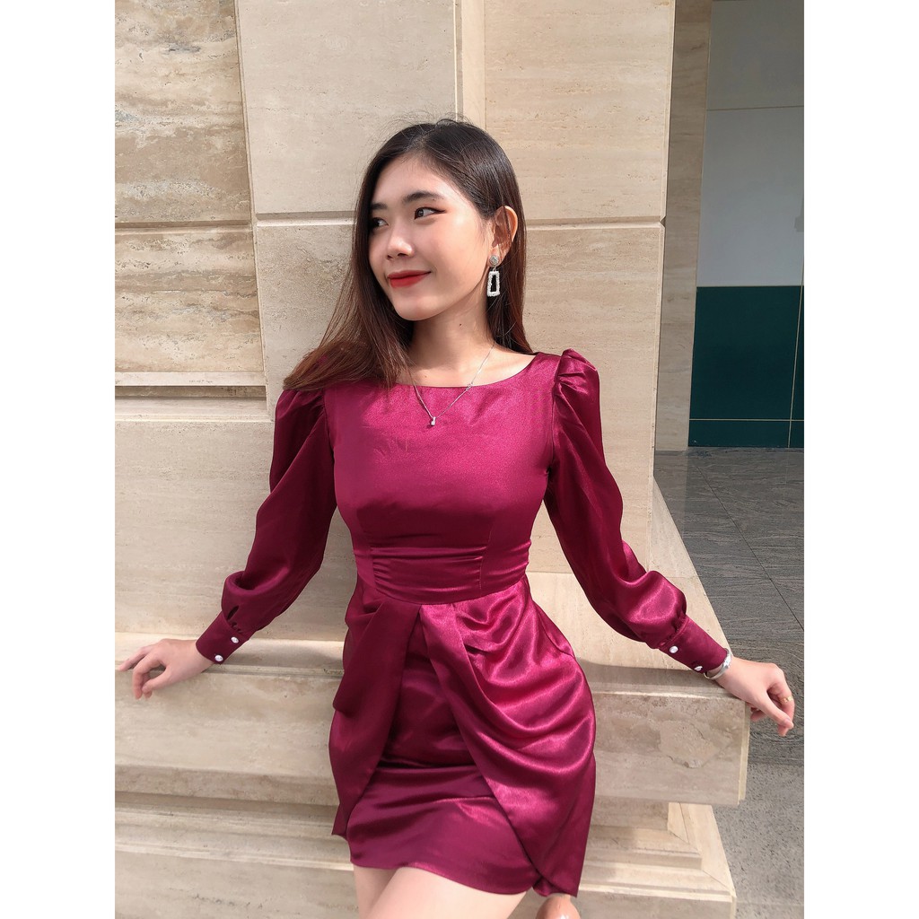 Đầm Satin Đỏ Đô Tay Bồng  - ByVee