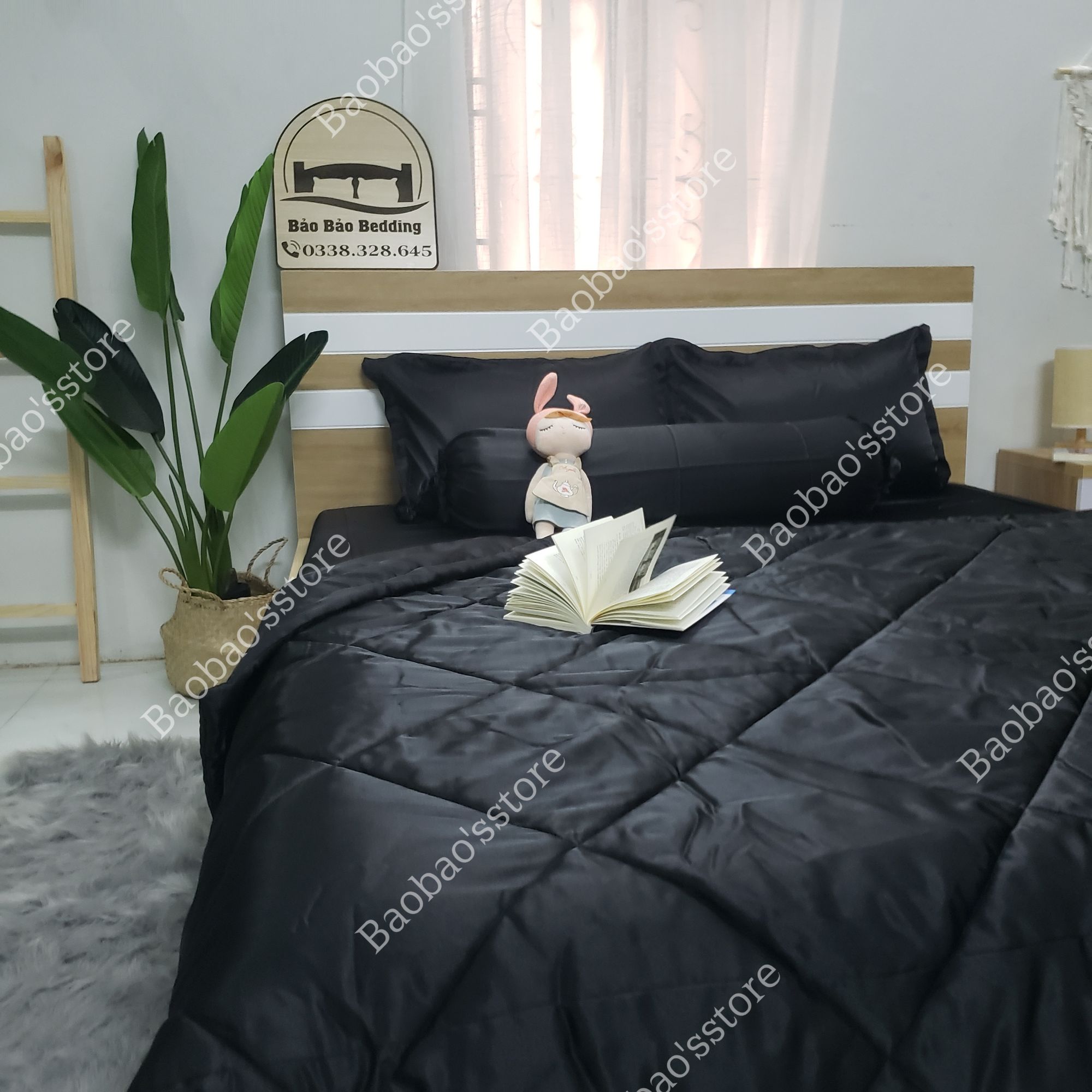 Bộ chăn ga và vỏ gối phi lụa màu đen (drap phi lụa, ga giường phi lụa)