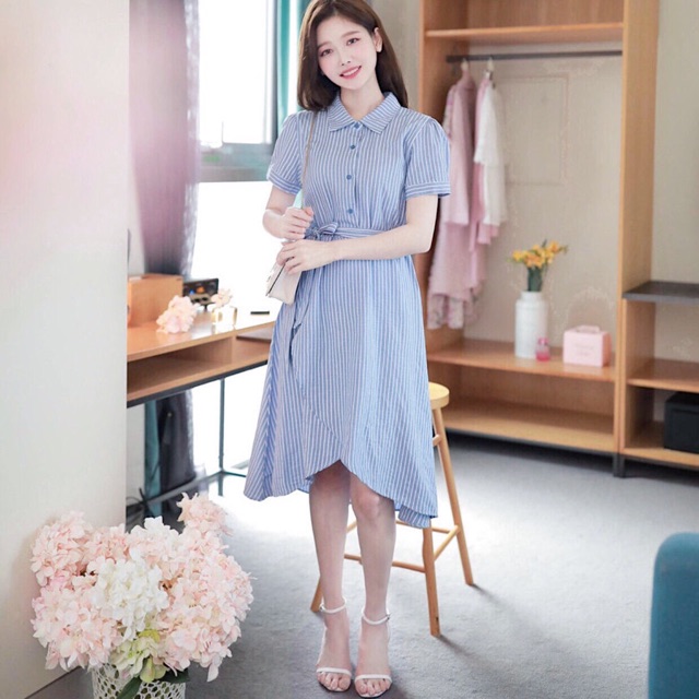 [HCM]Đầm sọc xanh xẻ tùng