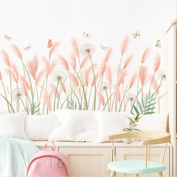 Decal trang trí tường - Chân tường cỏ bông lau hồng nhạt-K12