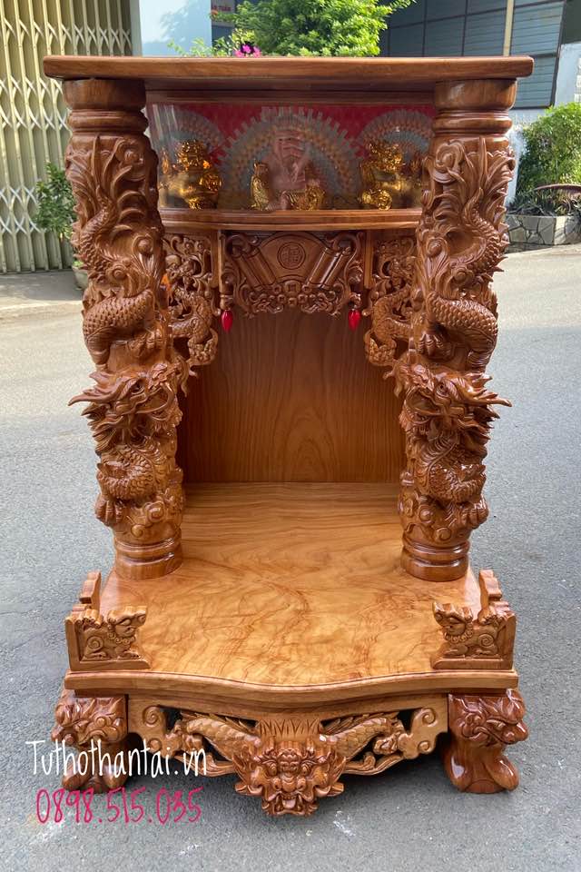 Bàn thờ thần tài ông địa mẫu rồng mây cao, có hộp đèn 68 x 68 x 108cm, cột 14cm