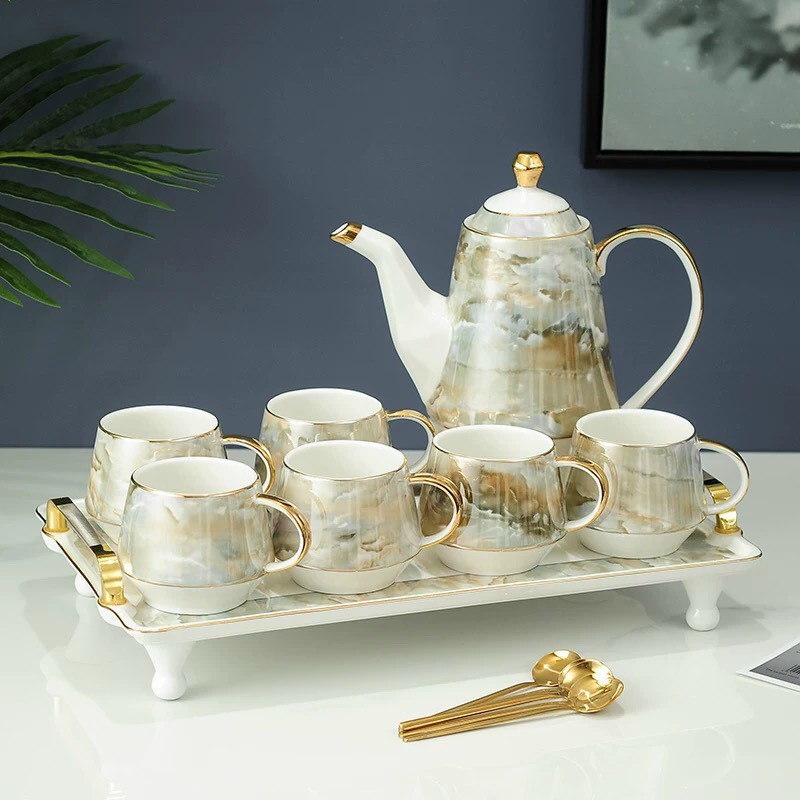 Bộ ấm chén kèm khay họa tiết vân đá màu trắng xám viền vàng cao cấp