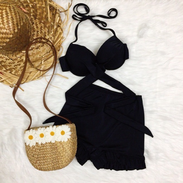 Bikini áo chéo eo nâng ngực mix quần cao short bèo