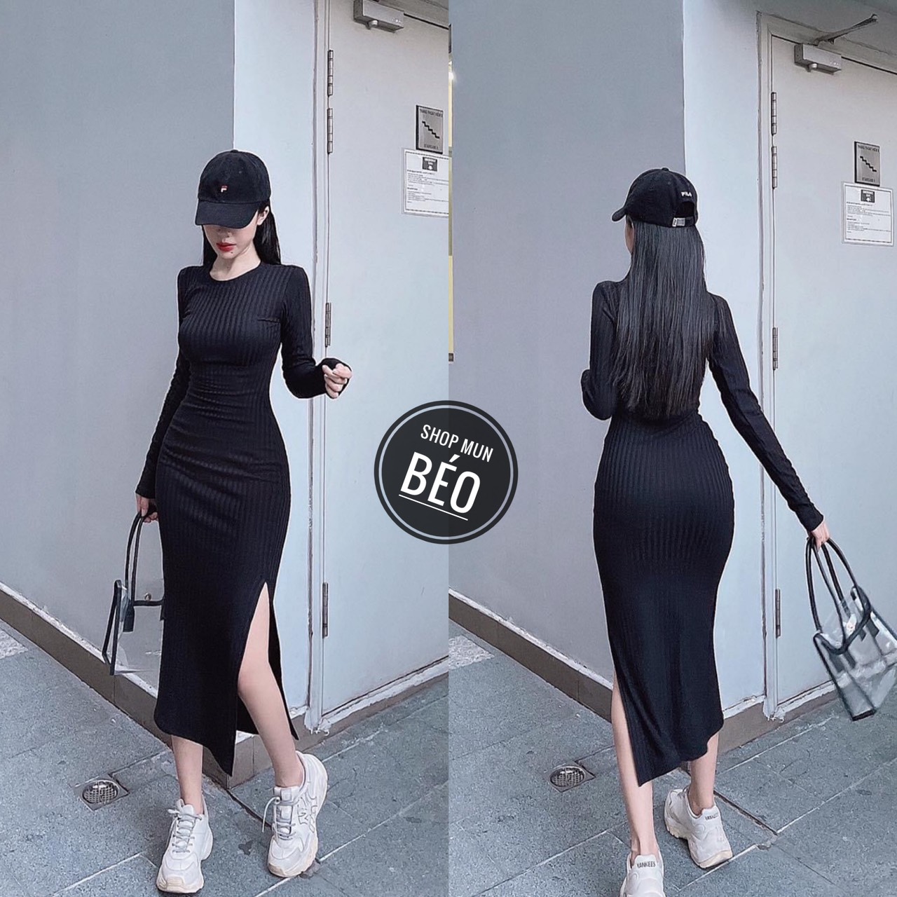 Đầm Body Cổ Tròn Tay Dài Xẻ Đùi Chất Thun Gân Thích Hợp Mặc Đi Tiệc Đi Làm Đi Chơi (ĐEN)