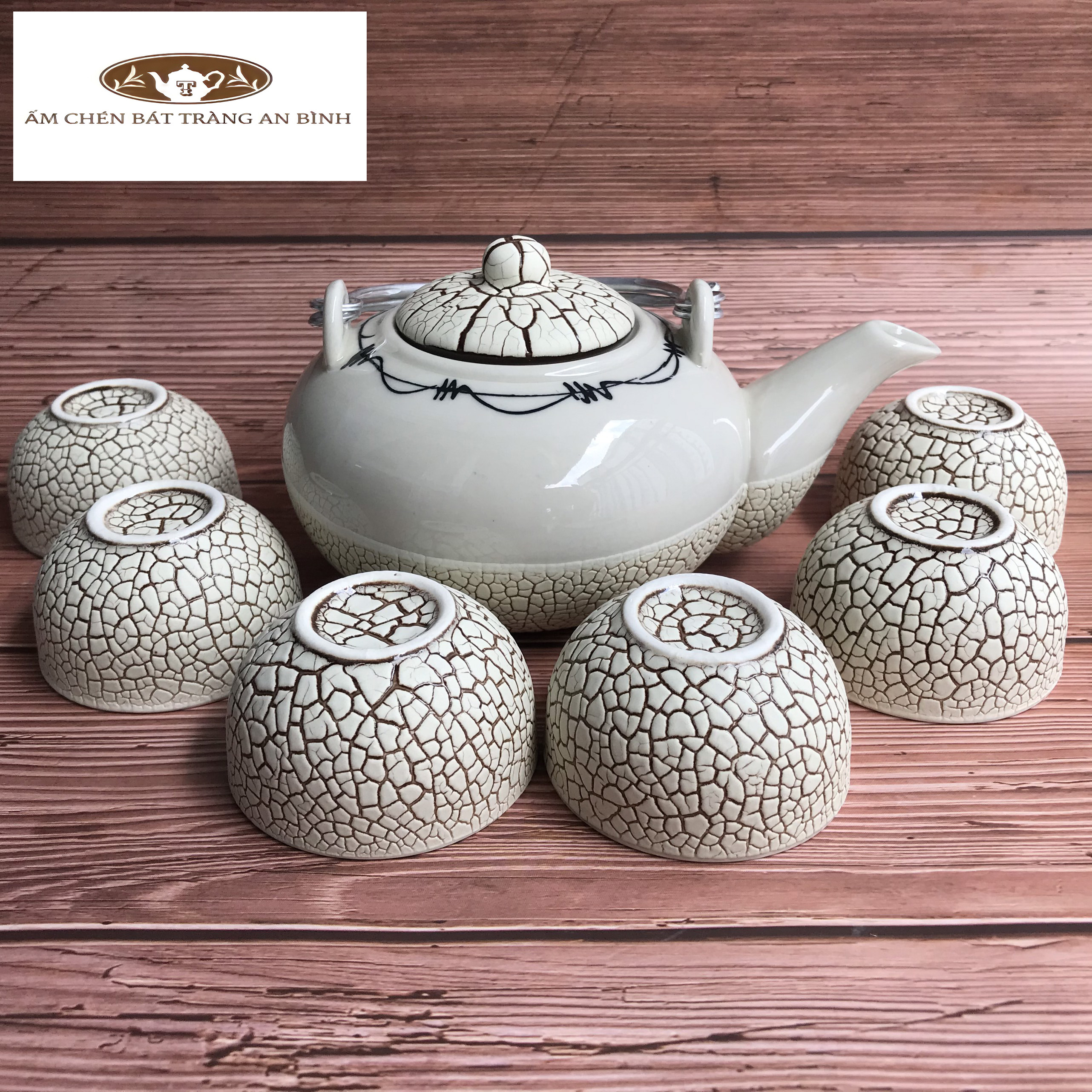 Bộ ấm chén gốm sứ Bát Tràng men Rạn Trắng Tròn