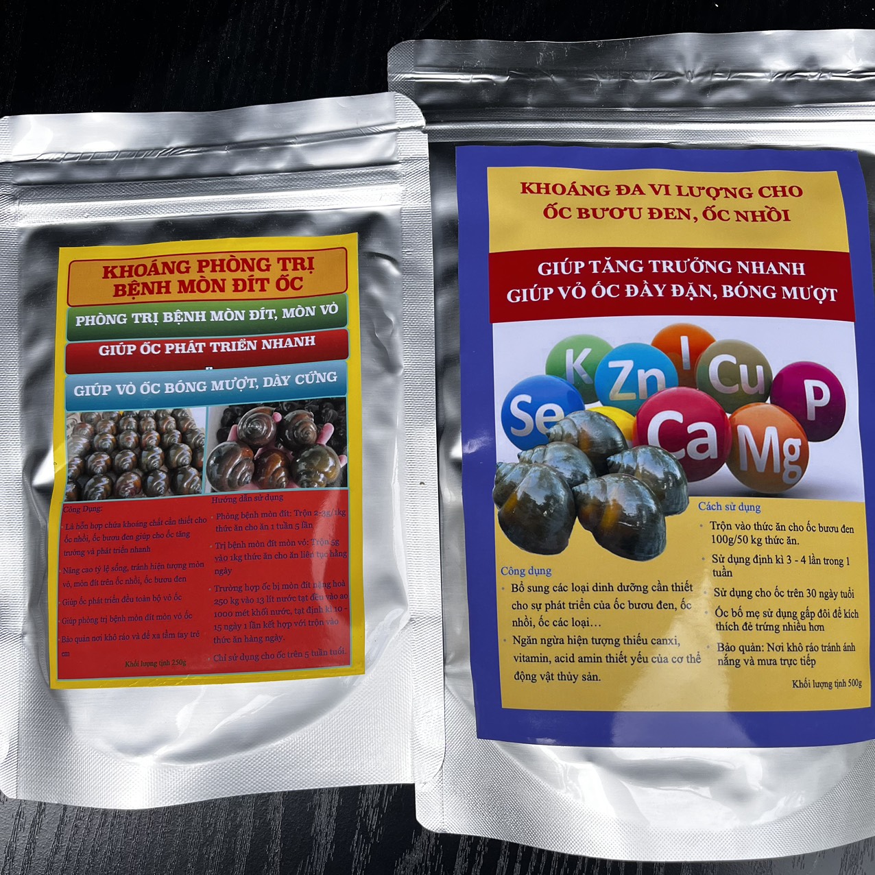 ComBo 2 sản phẩm cho ốc bươu đen(1 bịch khoáng đa vi lượng__0,5 ký), (1 bịch khoáng trị bệnh mòn đít cho ốc__ 250g)