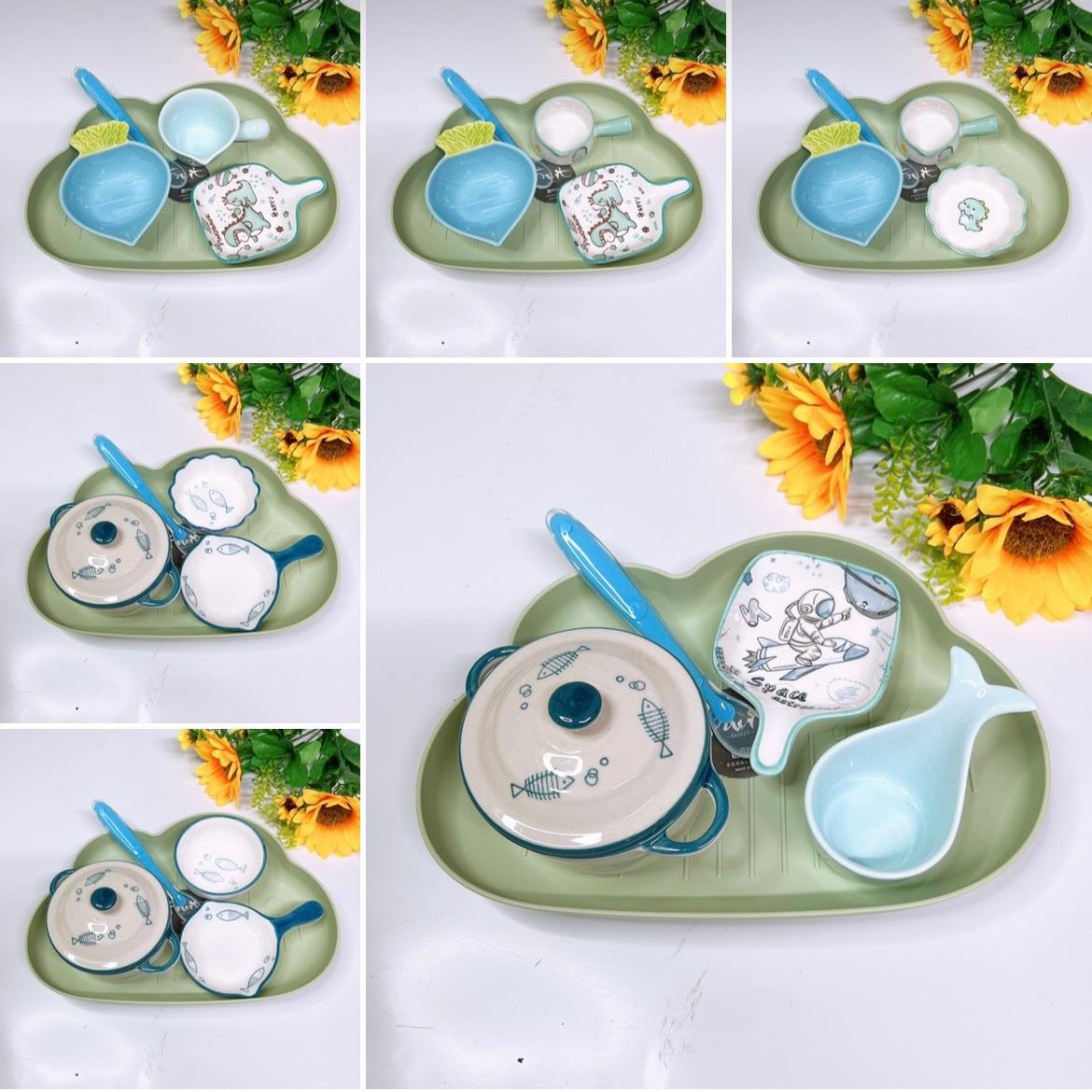 [Hoàn tiền 6%] Combo Sứ Hồng, Cam, Vàng (Gồm khay mây, thìa, bát sứ) S62