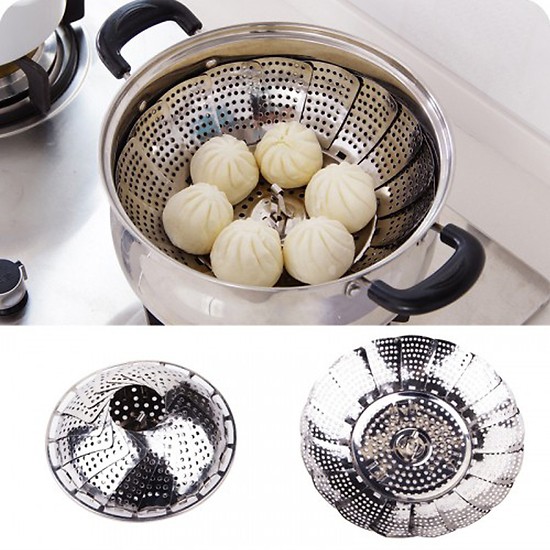 Khay hấp Xửng hấp Vỉ hấp inox đựng bánh bao, đồ hấp kiêm khay đựng trái cây xòe có 3 chân gấp gọn tiện lợi