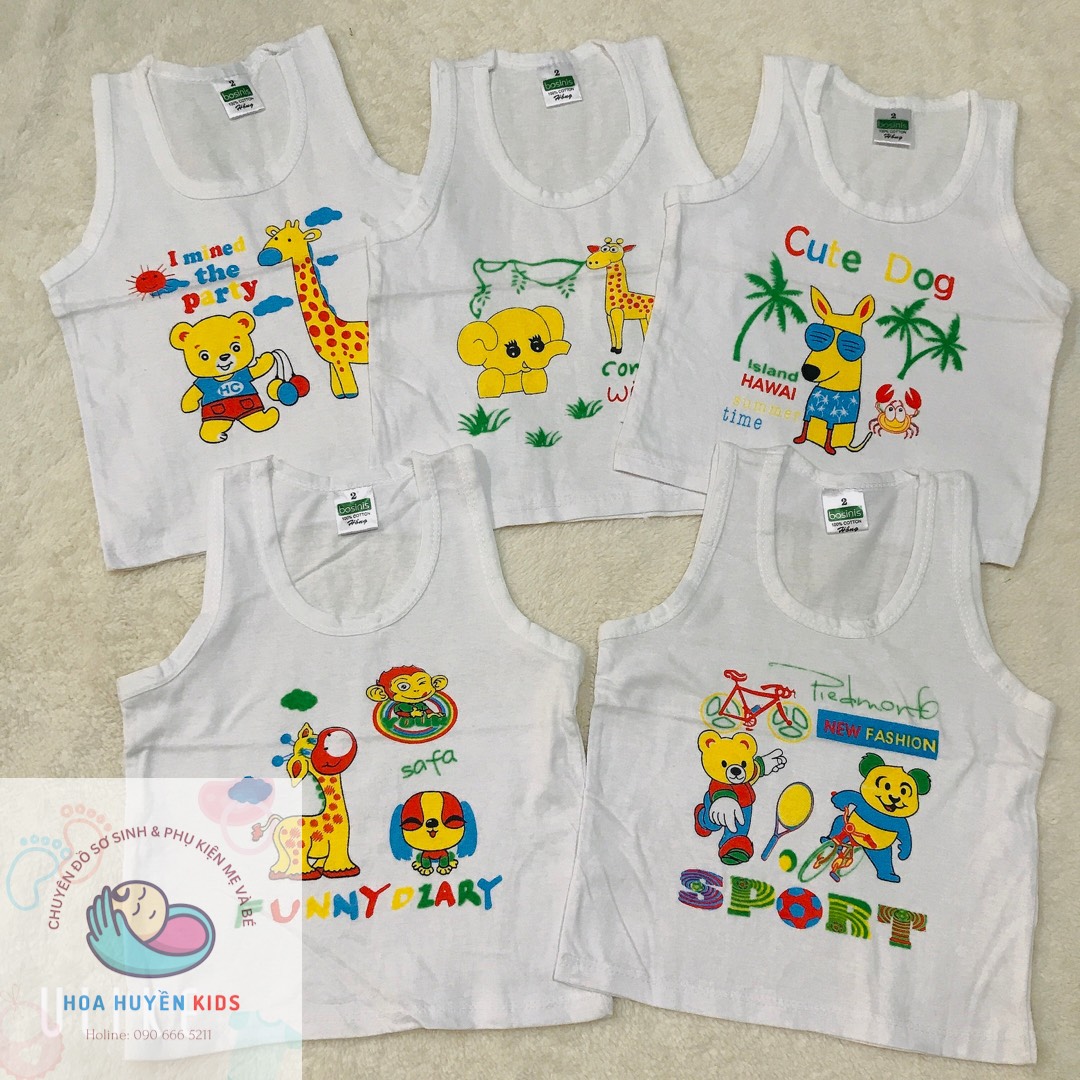 Combo 5 áo 3 lỗ cho bé màu trắng in hình thun 100% cotton Hiệu bossini 3