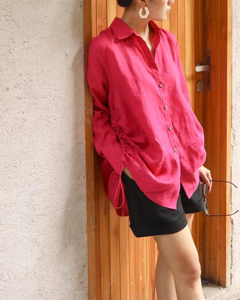 Áo sơ mi nữ dài tay Linen form rộng rút eo trẻ trung