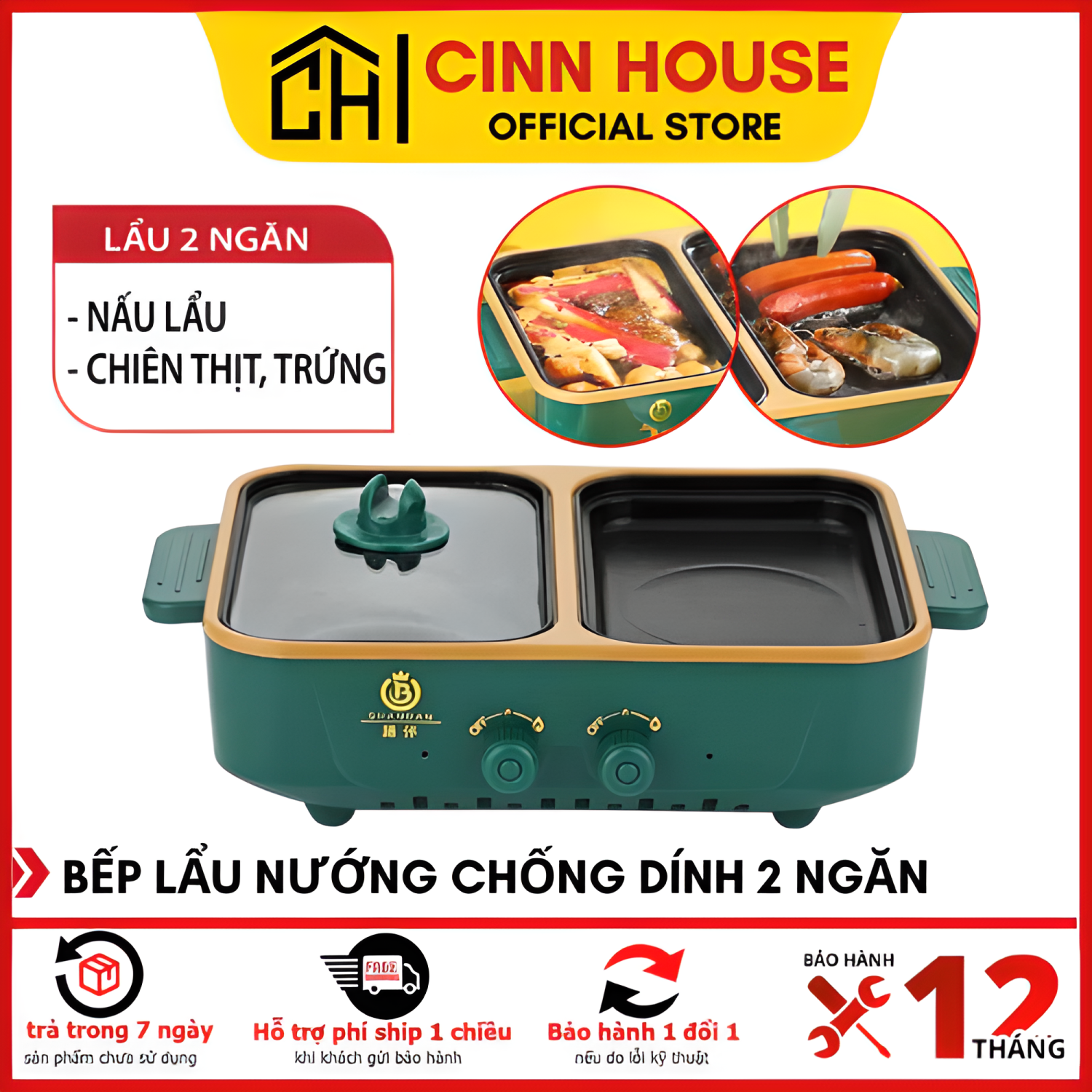 Nồi lẩu nướng Hàn Quốc 2 ngăn siêu chống dính, Công suất 1200w chất liệu gang tráng men chống dính, dễ dàng lau chùi, đảm bảo vệ sinh ăn uống, không gây hại cho sức khỏe