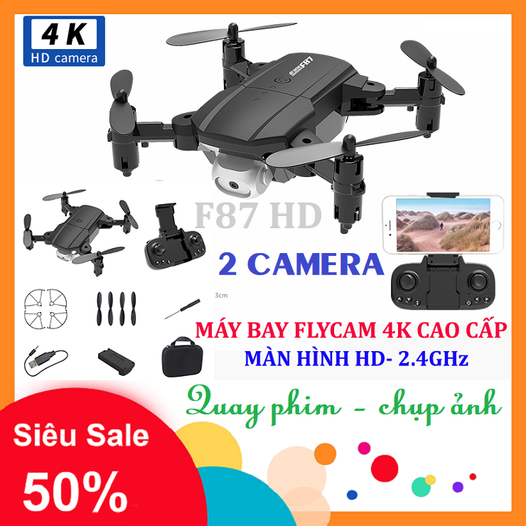 Flycam mini Drone F87, Máy bay flycam có camera điều khiển từ xa giá rẻ, Playcam, Camera wifi 4K full HD chống rung quang học tốt - BẢO HÀNH 12 THÁNG